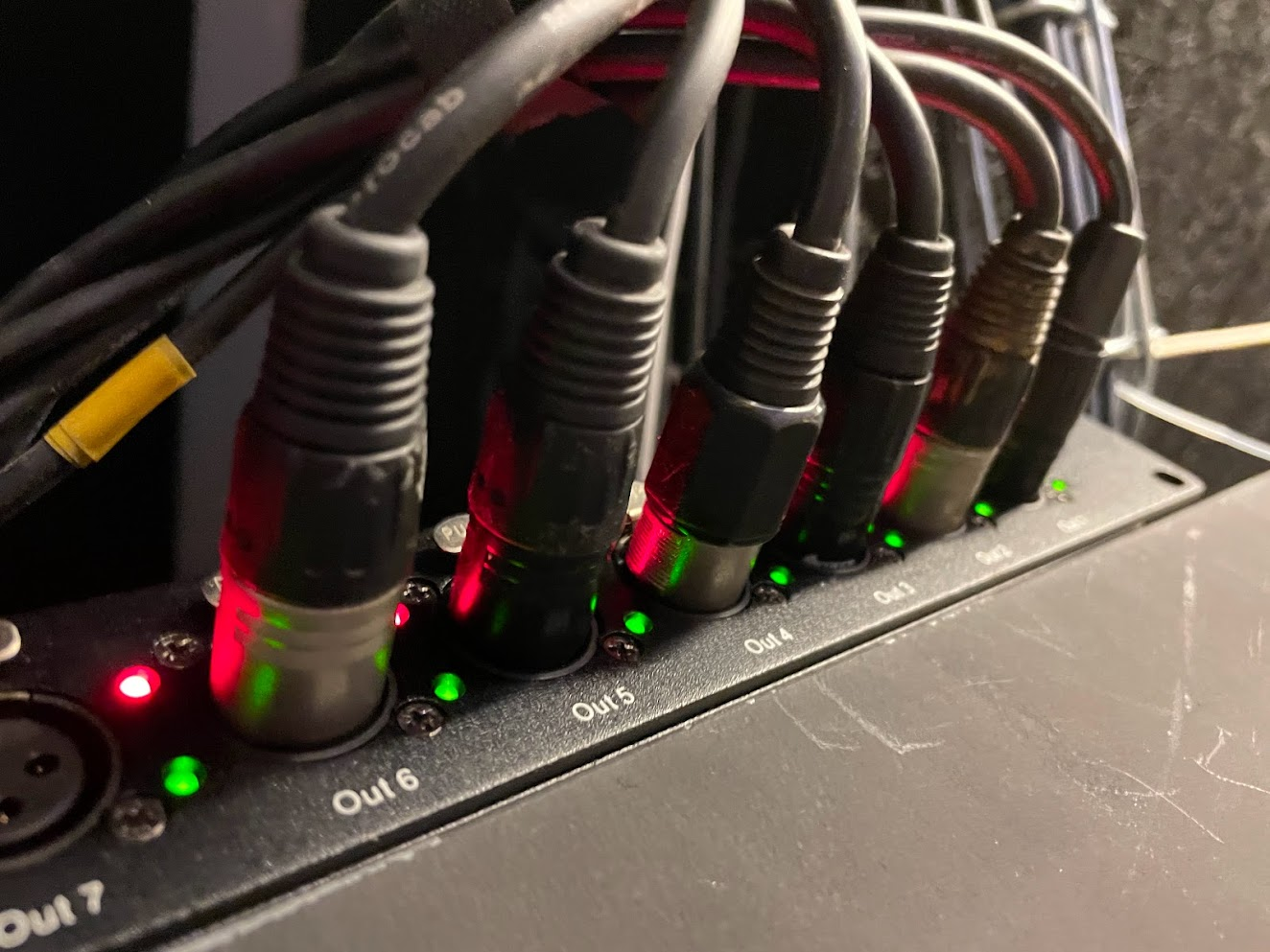 A DMX splitter from my local student pub, taking one 3pin input, and splitting it into 6 lines for different facades